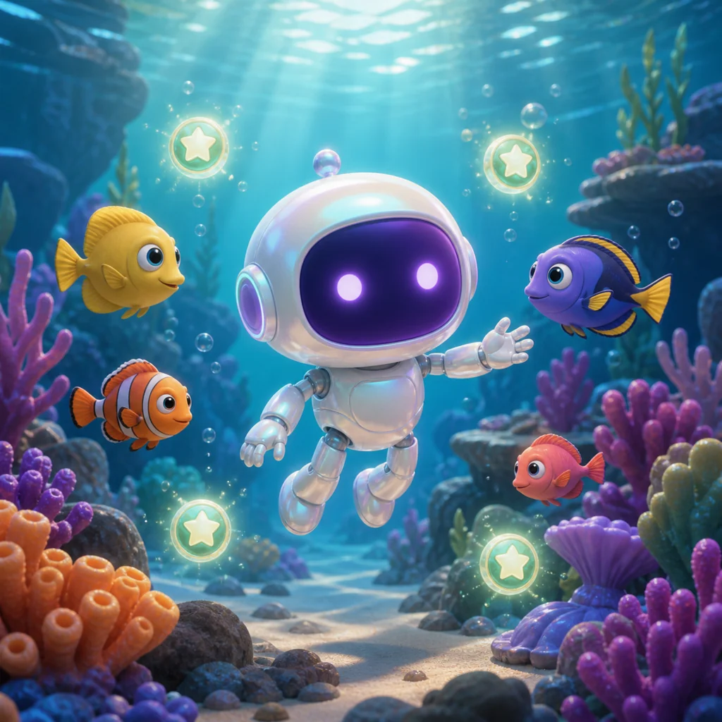 Escena 3D de acuario colaborativo con el robot de Super QQuiz